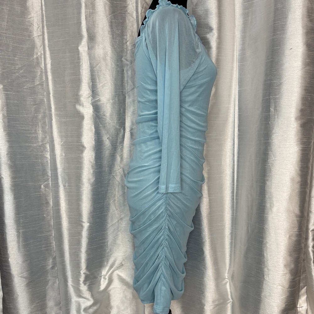 Wulful Ruched Ruffle Dress Jrs 13-14 Lt Blue Sheer Sleeve Lined Square Neck - Picture 3 of 8